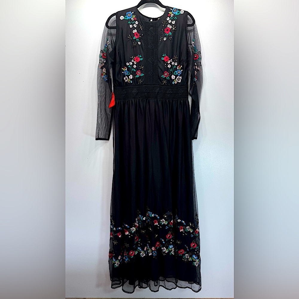 Floral Embroidered Black Maxi Dress Sheer Overlay & Long Sleeves Frock & Frill